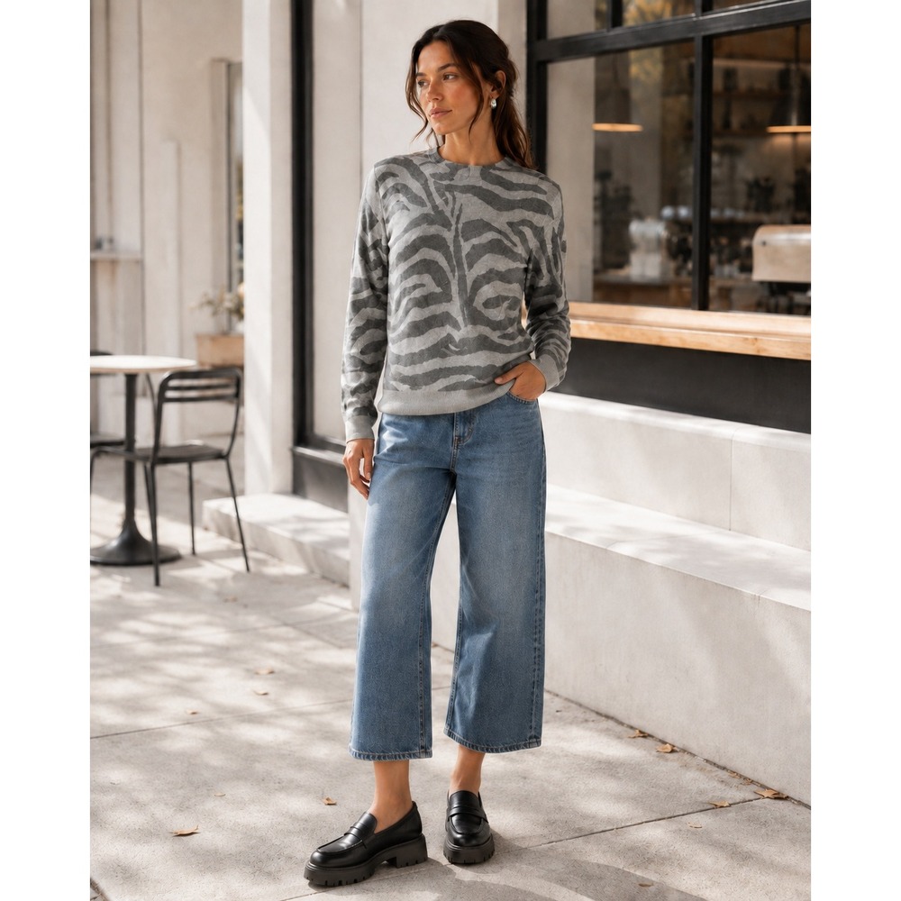 Equipment Womens XS Gray Zebra Print 100% Cashmere Crewneck Sweater Mob Wife